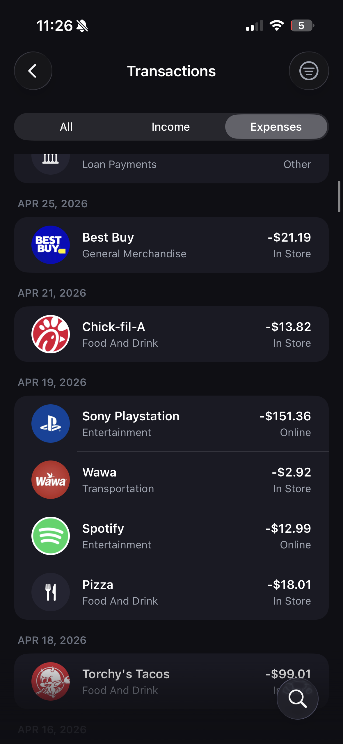 Transactions list